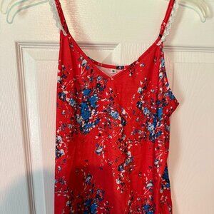 Pretty red tank colorful top with white lace on shoulders in Medium
